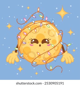 Moon wrapped in colorful holiday lights under stars, vector illustration