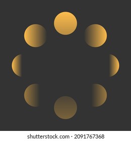 Moon yellow different phases or lunar phases circle on black background flat vector design icon.