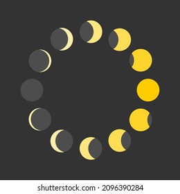 Moon yellow different phases or lunar phases circle on black background flat vector design icon.
