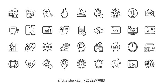 Paquete de iconos de línea de luna, yoga y podcast. AI, pregunta y respuesta, iconos de pin de mapa. Hora, código Qr, signo de interrogación icono de Web. Gráfico, Computación en la nube, Pictograma del día del medio ambiente. Vector