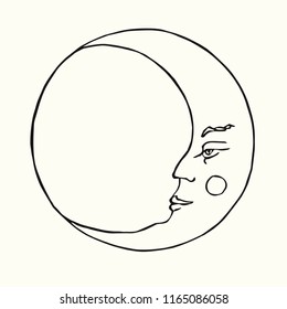 The moon with young face of  beautiful man, old fashioned woodcut style design, hand drawn doodle, sketch isolated vector outline illustration