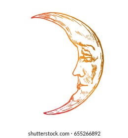 The moon with young face of beautiful man looks with wistfully. Old fashioned woodcut style design, hand drawn doodle, sketch in pop art style, isolated vector illustration