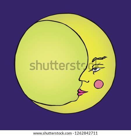 The moon with young face of  beautiful man on dark blue sky background, old fashioned woodcut style design, hand drawn doodle, sketch isolated vector color illustration