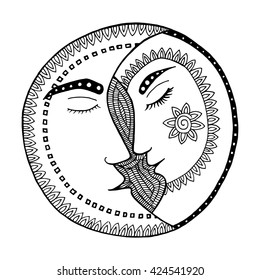 Moon zentangle vector. Man and woman in love. Kiss and romance