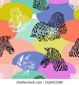 Moon zoo seamless print. Vector pattern  with animals and colorful ovals. Trendy design for textile, cards and covers.