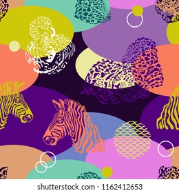 Moon zoo seamless print. Vector pattern  with animals and colorful ovals. Zebra, leopards, flamingo. Trendy design for textile, cards and covers.