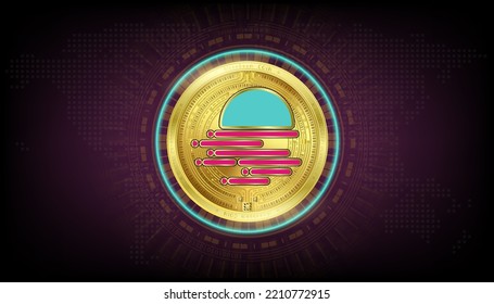 Moonbeam coin golden token cryptocurrency. Future currency on blockchain stock market digital. Crypto currencies on purple black background vector EPS10.
