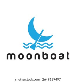 Design de logotipo de barco a lua com Crescent Moon Boat on Water com Paddle Elegante e Minimalista Branding Criativo