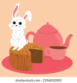 Mooncake with cute rabbit and tea pot. Chinese translation - Mid Autumn Festival. Greeting card. Vector illustration