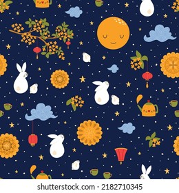 Mooncake festival seamless pattern. Mid Autumn Festival repeat background. Mooncakes, rabbits, Chinese lanterns vector print