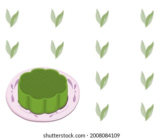 Mooncake matcha green tea flavour on plate with green tea leaves backdrop.  Close up Asian food and sweet vector illustration. Mid-Autumn festival decoration.
