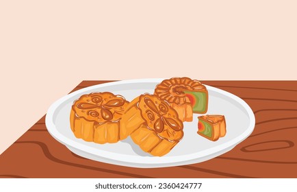 Mooncake on dish vector illustration set. Traditional Chinese mooncake in whole full size, half sliced, pieces, quarter. Mooncake for mid autumn festival. Bakery. Asian food. Moon cake clip art.
