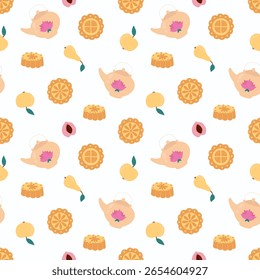  Mooncake and Teapot Seamless Pattern.  Design for fabric, textile, wallpaper, packaging