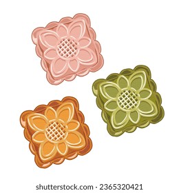 mooncake, traditional Chinese food and snack for mid Autumn festival on white background. Authentic Asian food vector illustration. Red bean, green tea and original flavour moon cake.