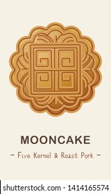  Mooncake Vector Illustration With Five Kernel & Roast Pork, Traditional Chinese Pastry Moon Cake Icon Design Collection, Top View China Mid-Autumn Festival Symbol With Different Fillings