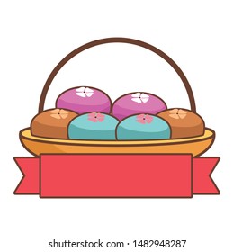 Mooncakes in bowl mid autumn food cartoon with red ribbon banner round emblem vector illustration graphic design.