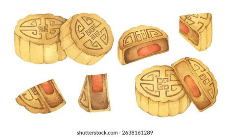 Mooncakes Illustration – Traditional Chinese Dessert for Mid Autumn Festival, Symbol of Prosperity. Watercolor Illustration.