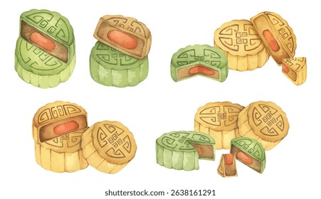 Mooncakes Illustration – Traditional Chinese Dessert for Mid Autumn Festival, Symbol of Prosperity. Watercolor Illustration.
