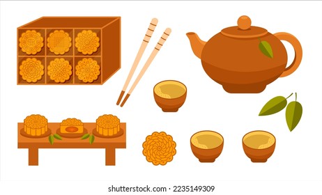 Mooncakes for Mid-Autumn Festival set. Traditional Chinese clay teapot and tea cups, chopsticks. Moon cake vector illustration, collection in flat design