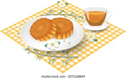 Mooncakes with teacup set on tablecloth illustration