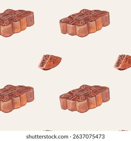 Mooncakes watercolor seamless pattern. Simple artistic traditional wallpaper for Mid Autumn festival. Decorative hand drawn signature dessert for celebration. Asian cuisine heritage tradition. 