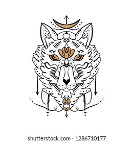 Moonchild. Beautiful totem wolf or fox, boho hippie illustration for sketches of tattoos. Northen style, sticker. Antistress art. Good for t-shirts design, bags, phone cases