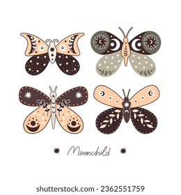 Moonchild. Cartoon butterflies,  hand drawing lettering, décor elements. colorful vector illustration, retro style. design for cards, print, posters, logo, cover

