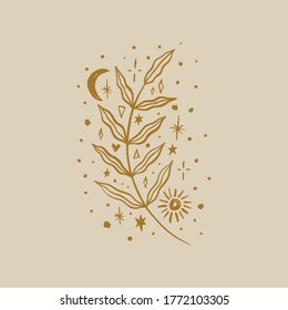 Moonchild twig. Modern forest witch concept. Witchcraft culture. Harmony and zen. Crescent moon magic symbols. Vector illustration.