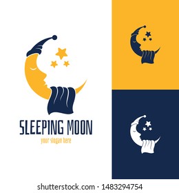 Moon/crescent logo.flat style.Sleeping moon cartoon vector illustration with stars and blanket.Night icon.Dreaming symbol.Modern design