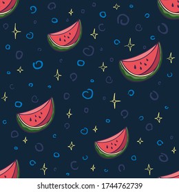 Mooned Watermelon slices on starry night sky, dark blue backdrop. Cute Seamless pattern in doodle style. Cool kids background. Bright summer vector illustration, to baby pillow cases and pastel linen.