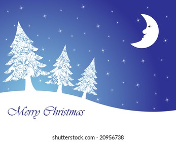 moonlight background with christmas tree, vector illustration