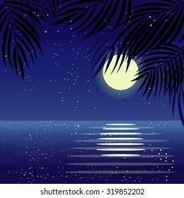 Moonlight beach. Summer holidays background. Sea, starry night sky, moon and moonlight, palm leaves and glare on the water. Vector illustration EPS 10.