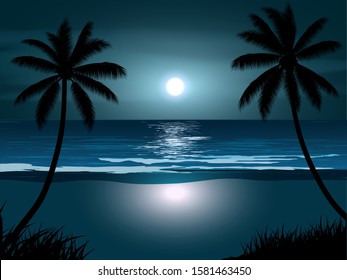 Moonlight between two palm trees near by the sea at night