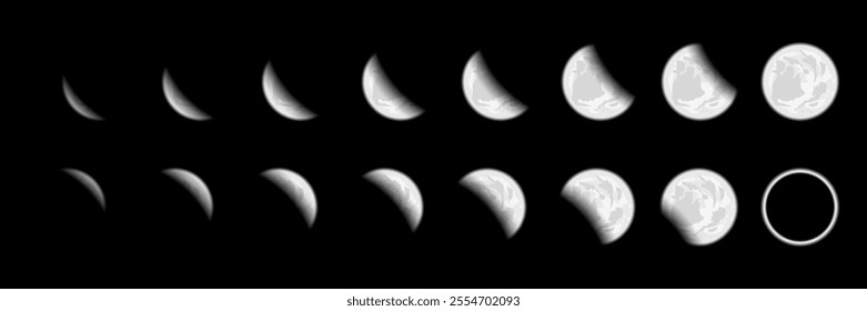 Moonlight Collection: Realistic Vector Illustrations of Crescent Phases, Lunar Eclipses, Astronomy Science, and Night Sky Elements. Vector.