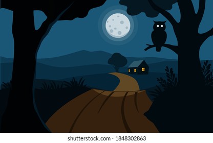 La luz de la luna en el campo. Ilustración vectorial de la noche con búho y luna llena 