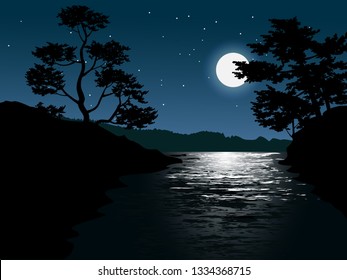 Moonlight In Dark River Under Starry Sky