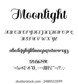 Moonlight ist eine exquisite und stilvolle Schriftart. Was auch immer das Thema ist, diese Schriftart wird eine wunderbare Bereicherung für Ihr Font-Archiv sein, da sie das Potenzial hat, jede Kreation zu verbessern.