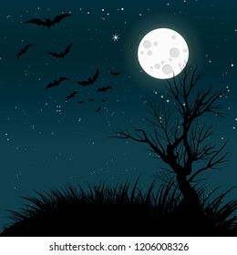 moonlight forest background. moonlight forest background with silhouette of bat. night-moon vector illustration