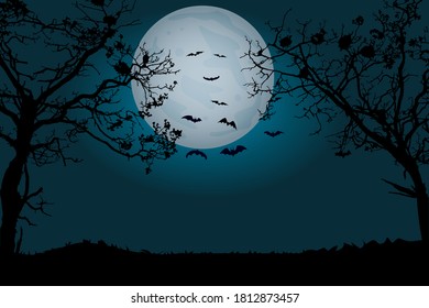 Moonlight forest background with silhouettes of bats. Halloween party scary banner with copy space. Night time with full moon view under big trees. Halloween night landscape. Stock vector illustration