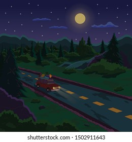 
moonlight in the forest illuminates the road car. Night landscape. Beautiful night nature.
