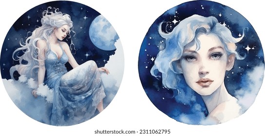 Moonlight goddess clipart, isolated vector illustration.