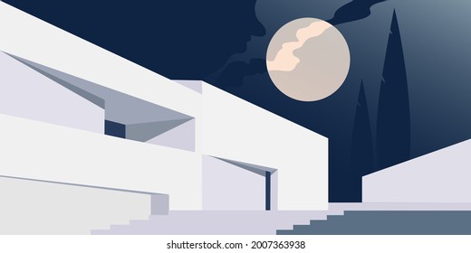 Moonlight house. Contemporary residential architecture, abstract flat vector illustration. Background mockup for landing page, banner or postcard design.