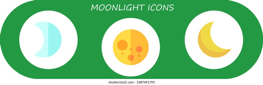 moonlight icon set. 3 flat moonlight icons.  Collection Of - moon, full moon, crescent moon
