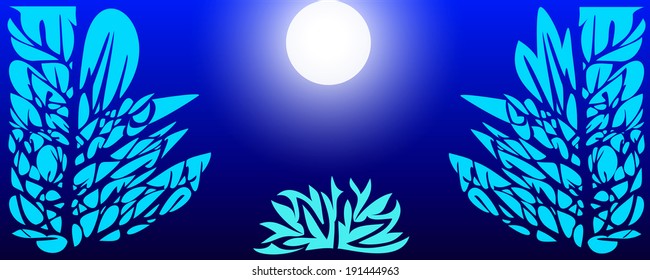 Moonlight illuminates the night forest,bushes on the background of blue sky 