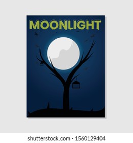 
Moonlight Illustration, Full Moon with tree and birds background vector
