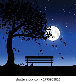 a moonlight landscape with empty back view chair with falling trees.