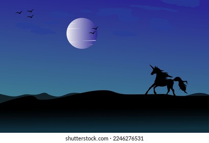Moonlight landscape with unicorn, vector illustration background, Unicorn Scenery Illustration, Magical Unicorn horse running in the night, Unicorn silhouette, and fantasy landscape vector design