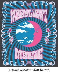 Moonlight Magic Vintage 60s Art T Shirt Design Hippie Boho Astrology Energy