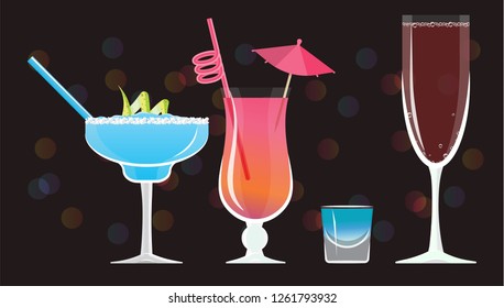   Moonlight Margarita, Mai Tai ,Blue Kamikaze , Rose wine glass  cocktails  on black mirrored background with bokeh. Vector illustration for web and print,  party invitation or menu decoration 