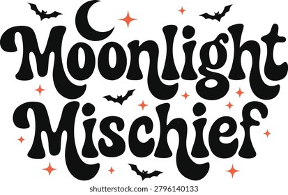 Moonlight Mischief Halloween Typography Design with Bats and Stars for T-Shirt Print